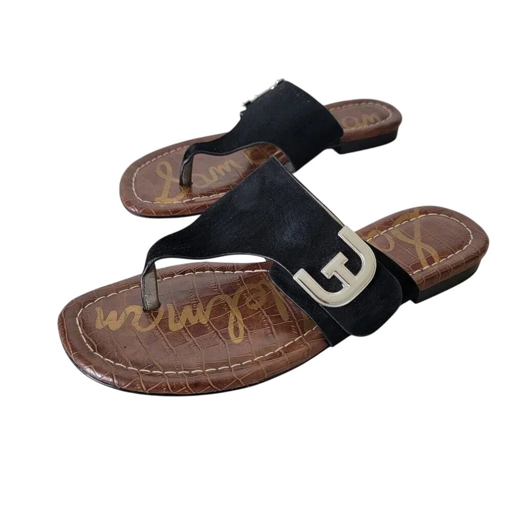 Sam Edelman Barry Suede Black Flat Sandals Women Size 7 Slip On Logo Slide Shoes